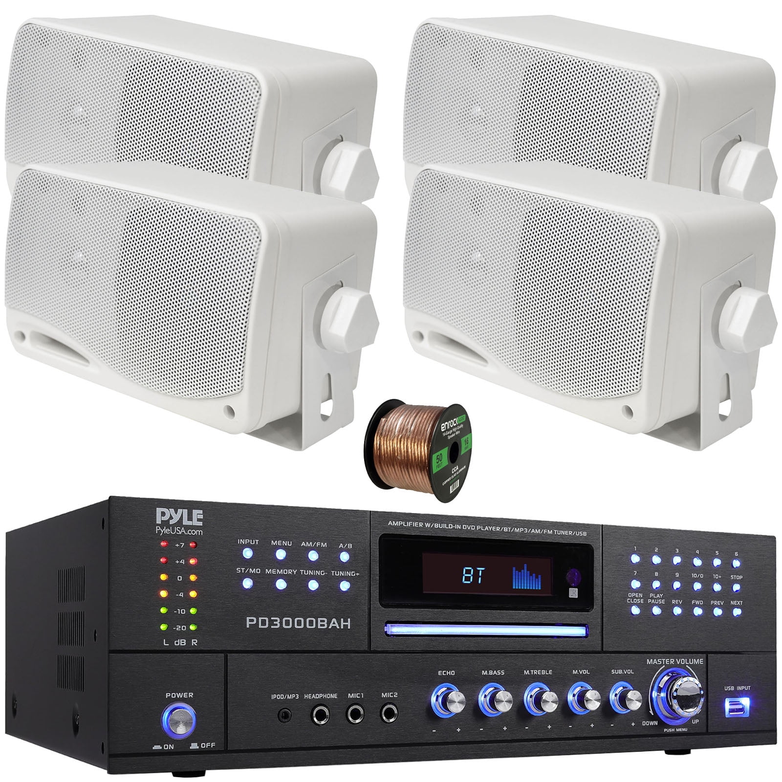 Pyle PD3000BAH 4-Channel 4000W Bluetooth Home Audio Amplifier Receiver – HDMI, USB, FM Radio, CD/DVD Player 2 Microphone, 4x 3.5'' 200 Watt Max Power 3-Way Weatherproof Mini Box White Speakers W/Wire