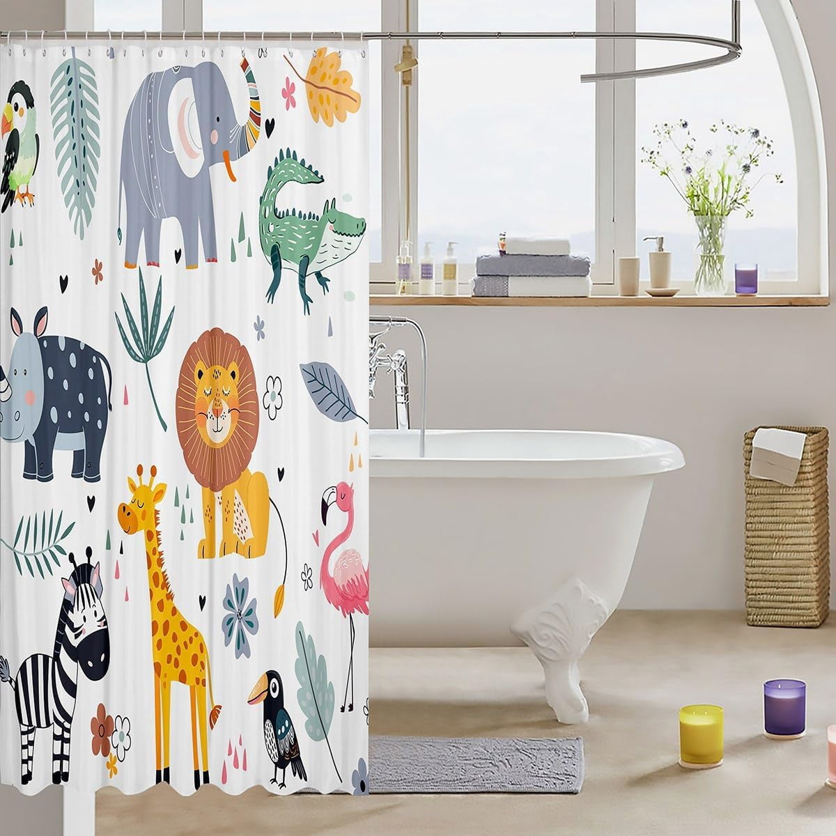 Kids Zoo Animal Bath Curtain Cute Wild Animals Shower Curtain Cartoon Safari Wild Bathroom Shower Curtain Set Boys Girls Bedroom Decor Exotic Natural Waterproof Shower Curtain with Hooks 72x84 Inch