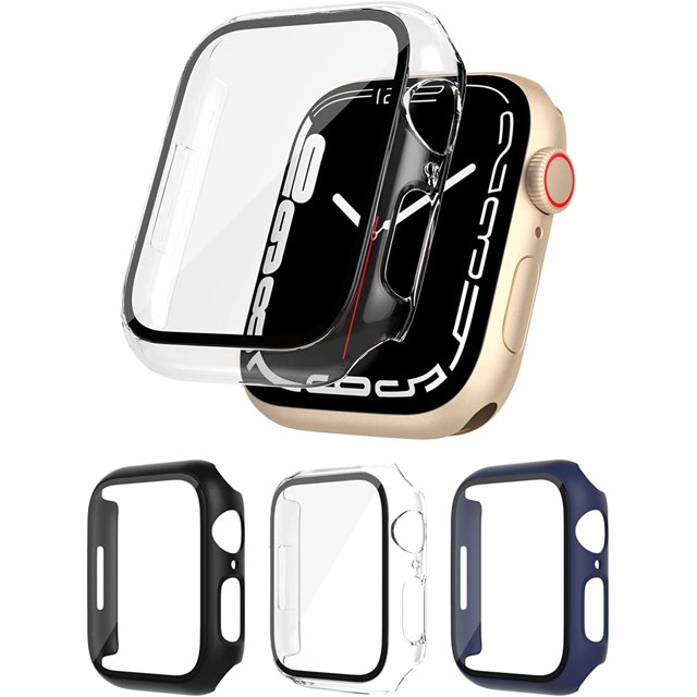 3 PCS Compatible with Apple Watch Series 7 Watch Case 45mm, Hard PC Shockproof Protective Cover with Tempered Glass Screen Protector for iWatch 7 45mm Accessories (Black+Clear+Midnight Blue)
