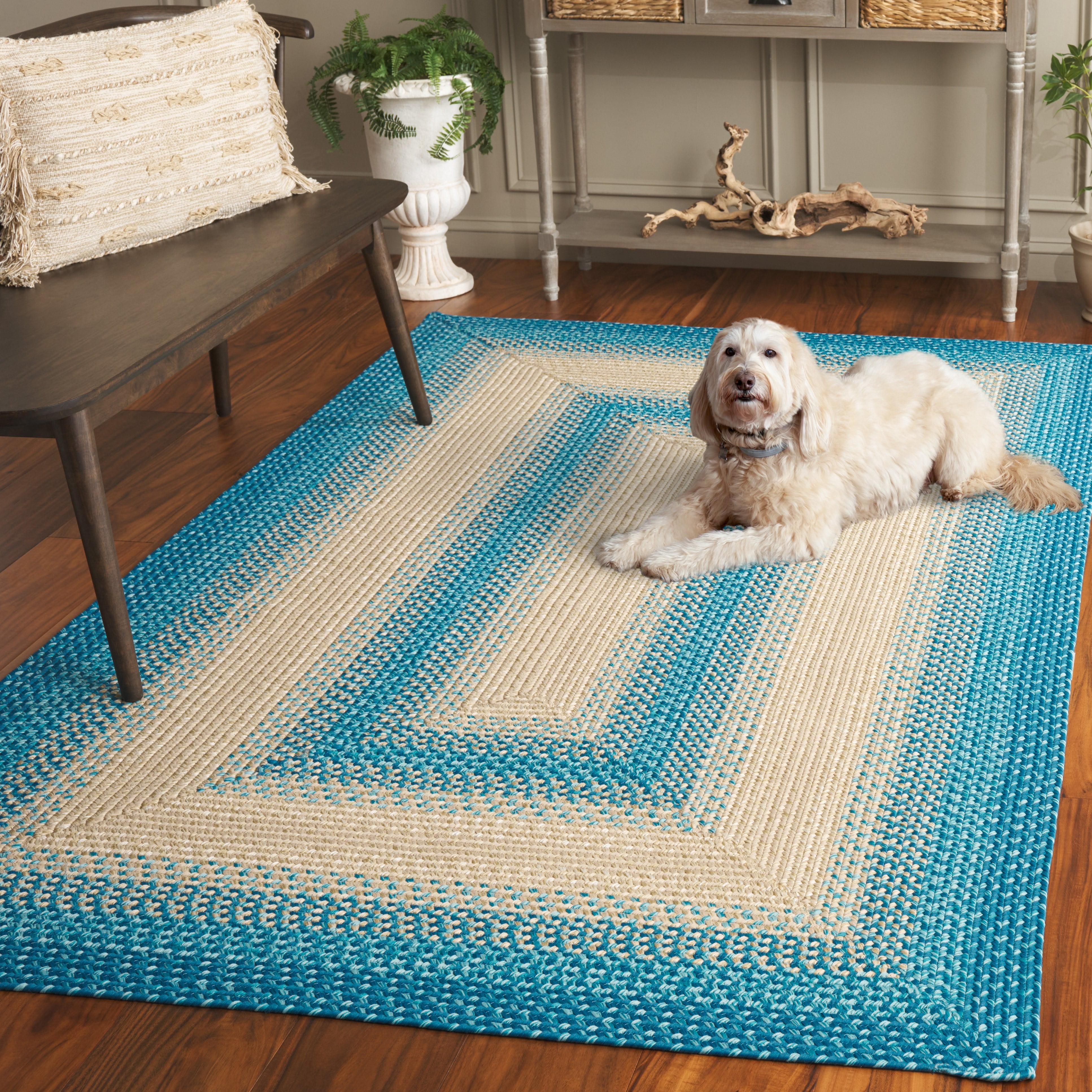 SAFAVIEH Braided Neville Bordered Machine Washable Reversible Area Rug, Blue/Beige, 4' x 6'