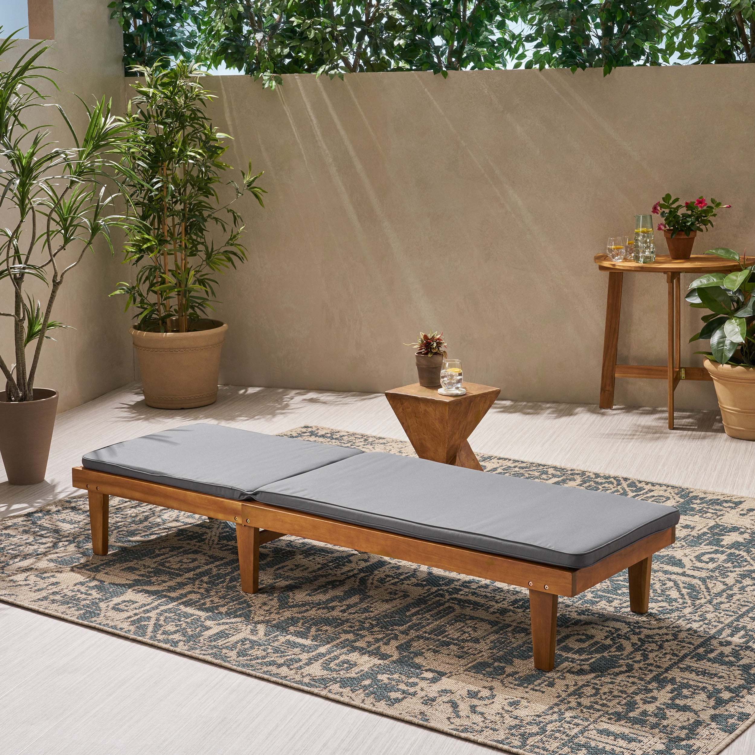 Maddison Outdoor Acacia Wood Chaise Lounge and Cushion Set, Teak and Dark Gray