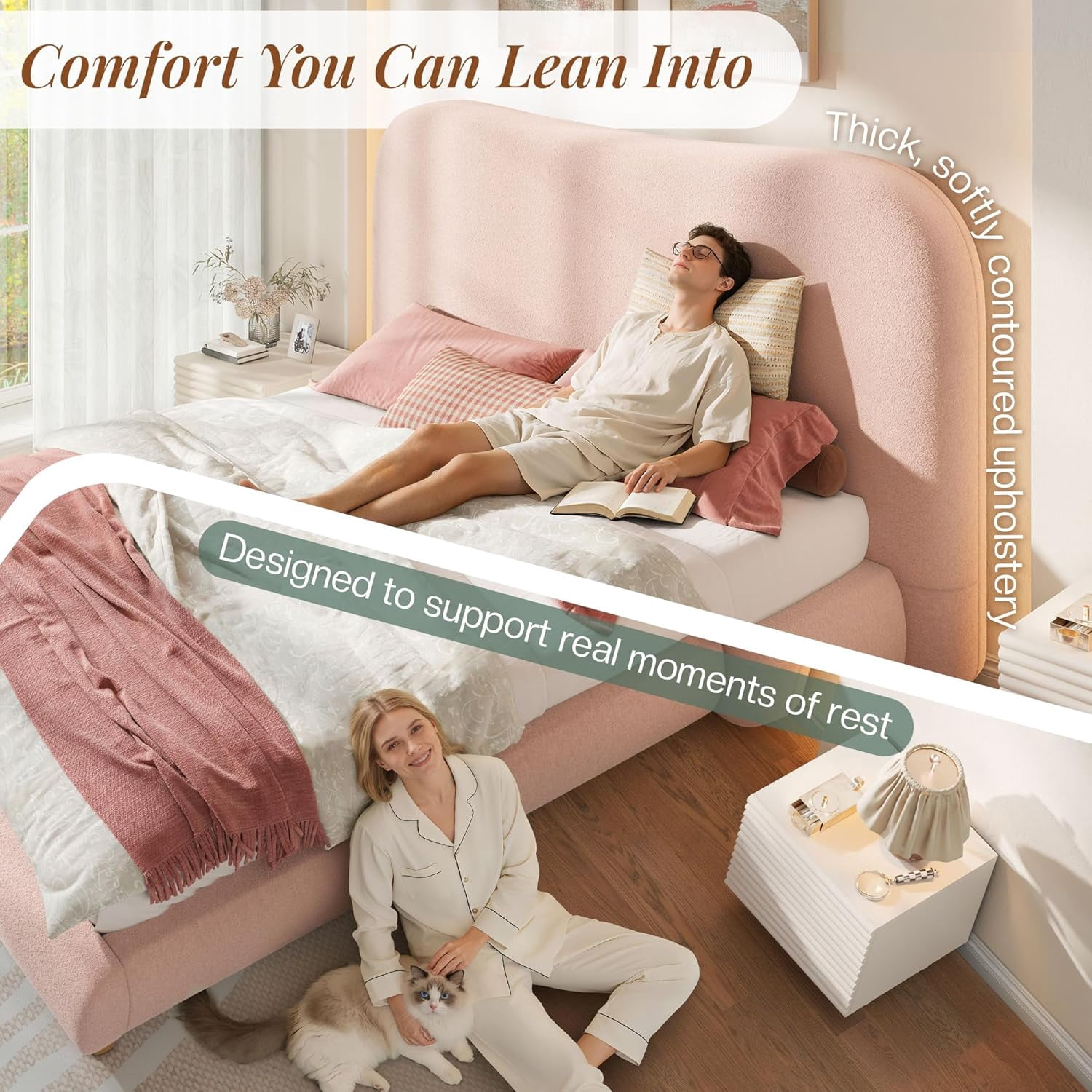 Amerlife Queen Size Cloud Bed Frame, 7.1" Thick Curved Headboard, Modern Upholstered Platform Bed, Easy Assembly, Boucle Pink