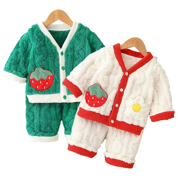 KYAIGUO 2Pcs Toddler Kids Pajama Pj Set for Girls,Sleepwear Set Cute Loungewear Set Long Sleeve Button Sleep Outfits Kid Jammies Set Little Girls Fall Winter Sets Baby V-Neck Pjs for 1-5 Y