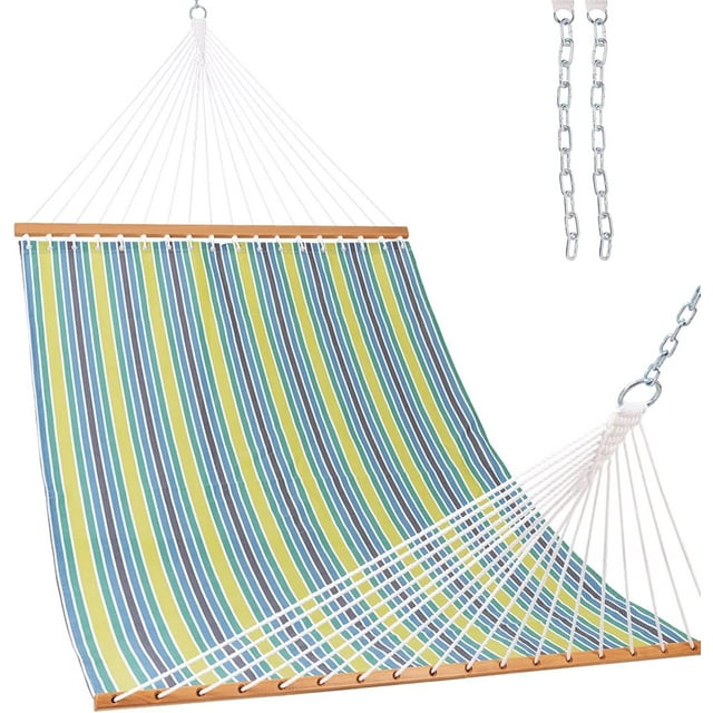 Quick Dry Hammock with Spreader Bar 2 Person Double Hammock with Chains Outdoor Outside Patio Poolside Backyard Beach 450 lbs Capacity Blue/Green