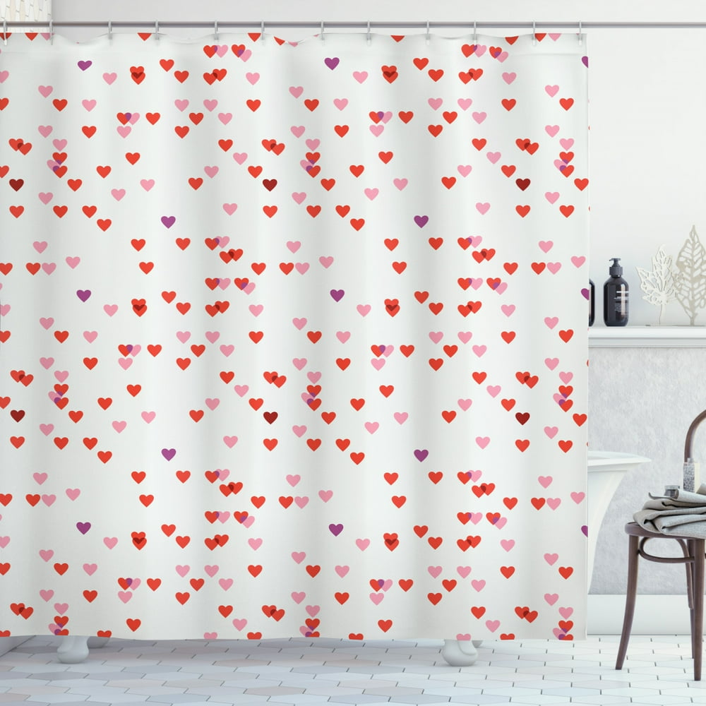 Valentines Day Shower Curtain, Love Theme Warm Colored Hearts Pattern