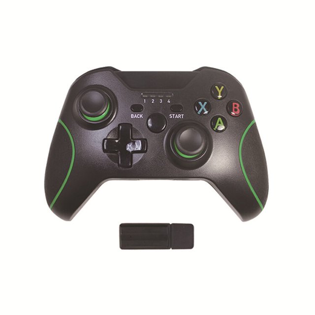 xbox 360 controlador de juegos con cable/inalámbrico pc computadora/p3/android xbox one compartido — Controlador negro compatible con PC y Xbox One con dos joysticks analógicos, cruceta direccional, botones A B X Y en colores, botones Back y Start e indicadores numerados 1–4; receptor USB 2.4G incluido; diseño pequeño y portátil, también adecuado para juegos retro en PC.