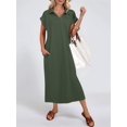 thumbnail image 3 of Women Summer Casual Midi Dresses Short Sleeve V Neck Loose Split Beach Vacation Tshirt Maxi Dress Green S, 3 of 5