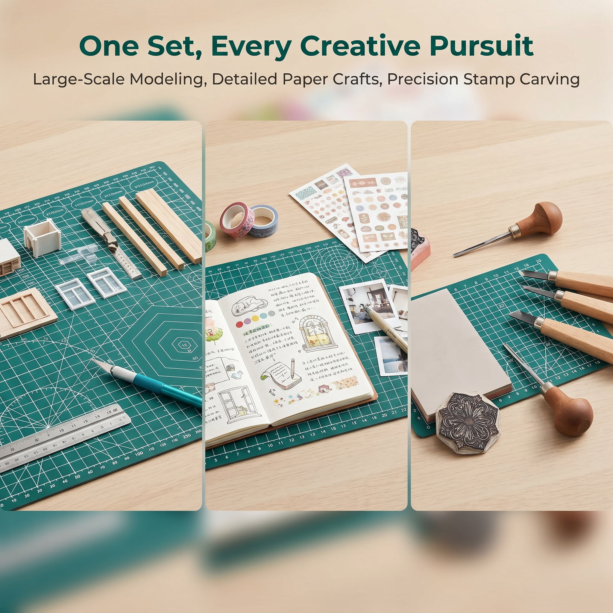 5 PCS Green Cutting Mat Set (A3/A4/A5/A6/A7), Self-Healing Rotary Cutting Mats with Grid & Angle Guide,Craft Mat for Scrapbooking, Quilting, Sewing & Art Projects