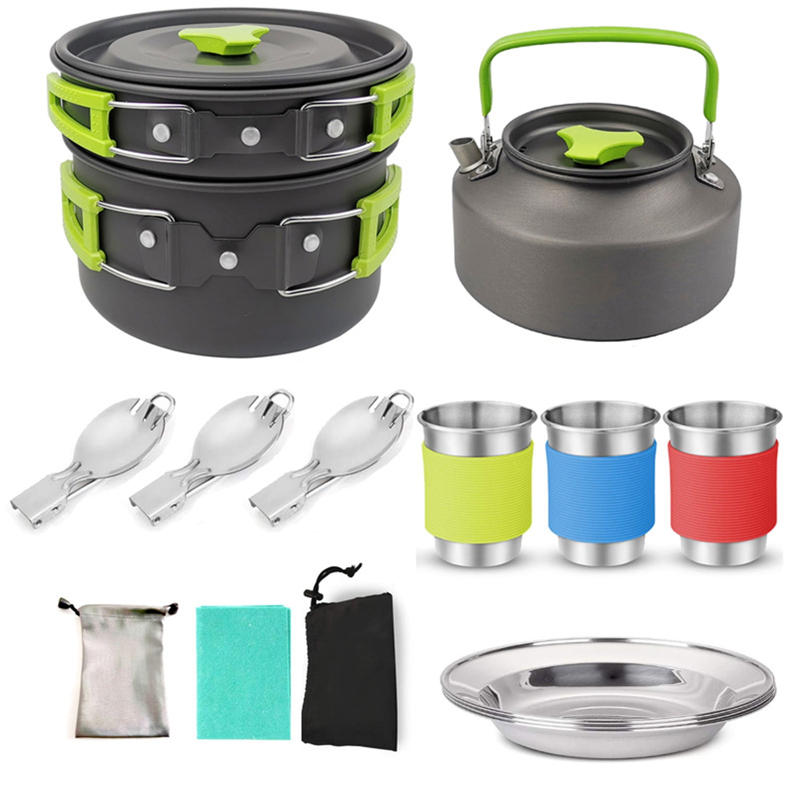 Yeacher Compact 2-3 Person Camping Cookware Set With Teapot, Utensils, And Stainless Steel Tableware For Outdoor Adventures (Green)