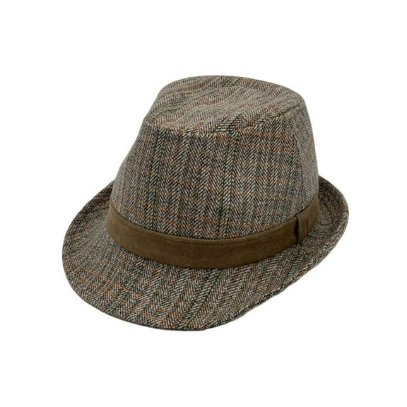 WITHMOONS Herringbone Check Pattern Fedora Hat Wool Classic Trilby Short Brim LD61540 (Brown)