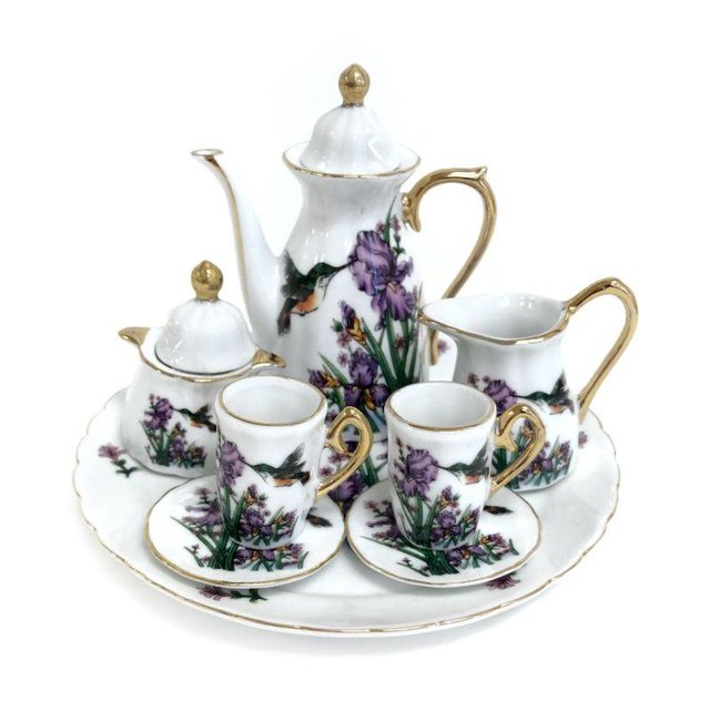 Hummingbird At Purple Flowers Patterned Set W/2 Cups & Saucers, Teapot, Cream, Sugar, Tray Mini Tea Set