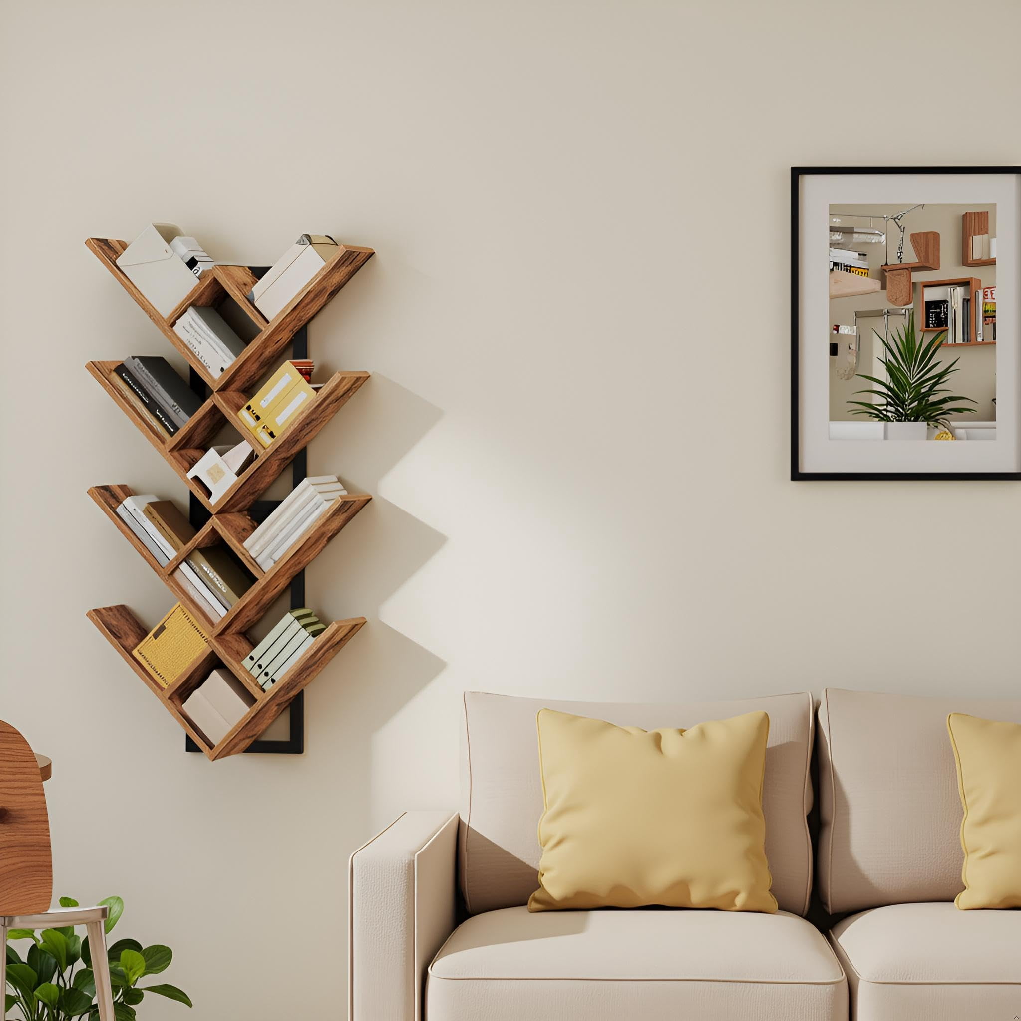 Floating Shelves For Wall  Set Of 2 Mounted 2-tier Wooden Tree Bookshelf Hanging Storage Rack Living Room Kitchen Office Rustic Brown And Black Bf54bjp201