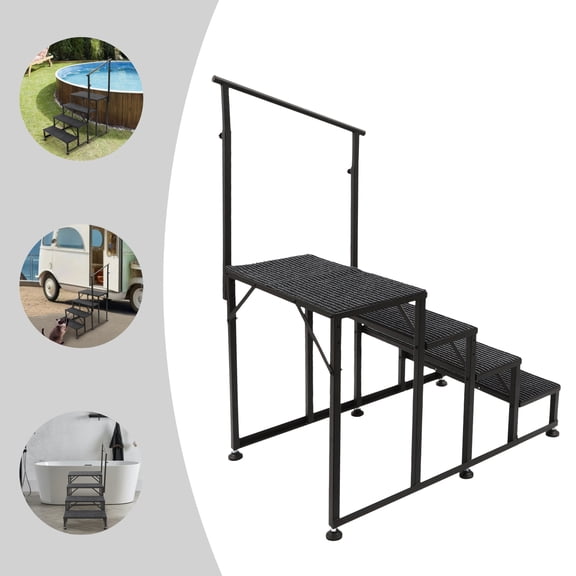 4-Step Steel Step Ladder with Handrail, 450Lbs Load Capacity Black Floor Mount Stool for Elderly Indoor Outdoor Use