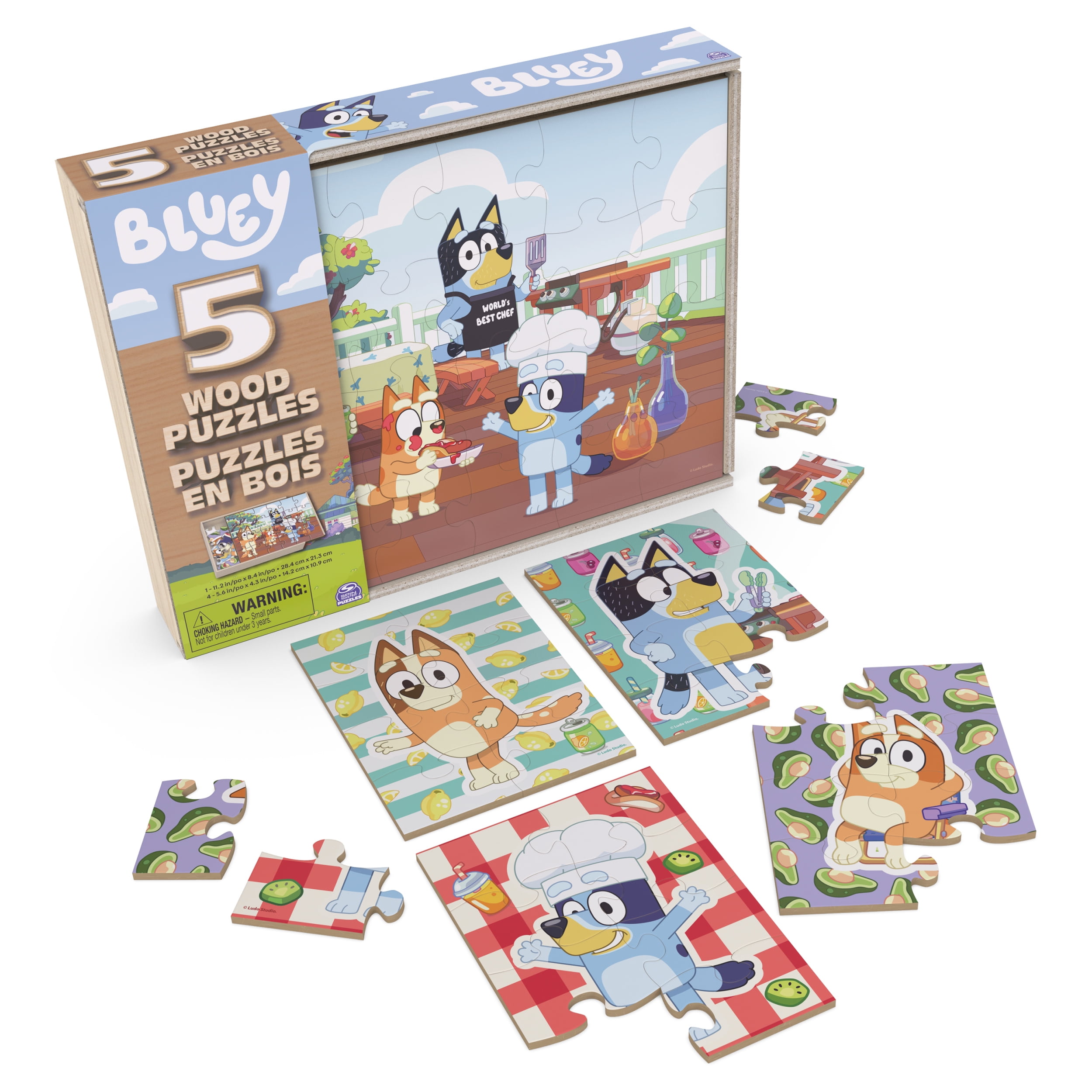 Bluey, Coffret de 5 puzzles en bois pour les familles et les enfants à partir de 3 ans