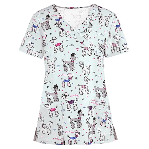 Blusa Umfun para mujer, blusa médica con bolsillo, blusa de enfermera de manga corta con cuello en V, blusa de uniforme de trabajo estampada, blusa blanca S