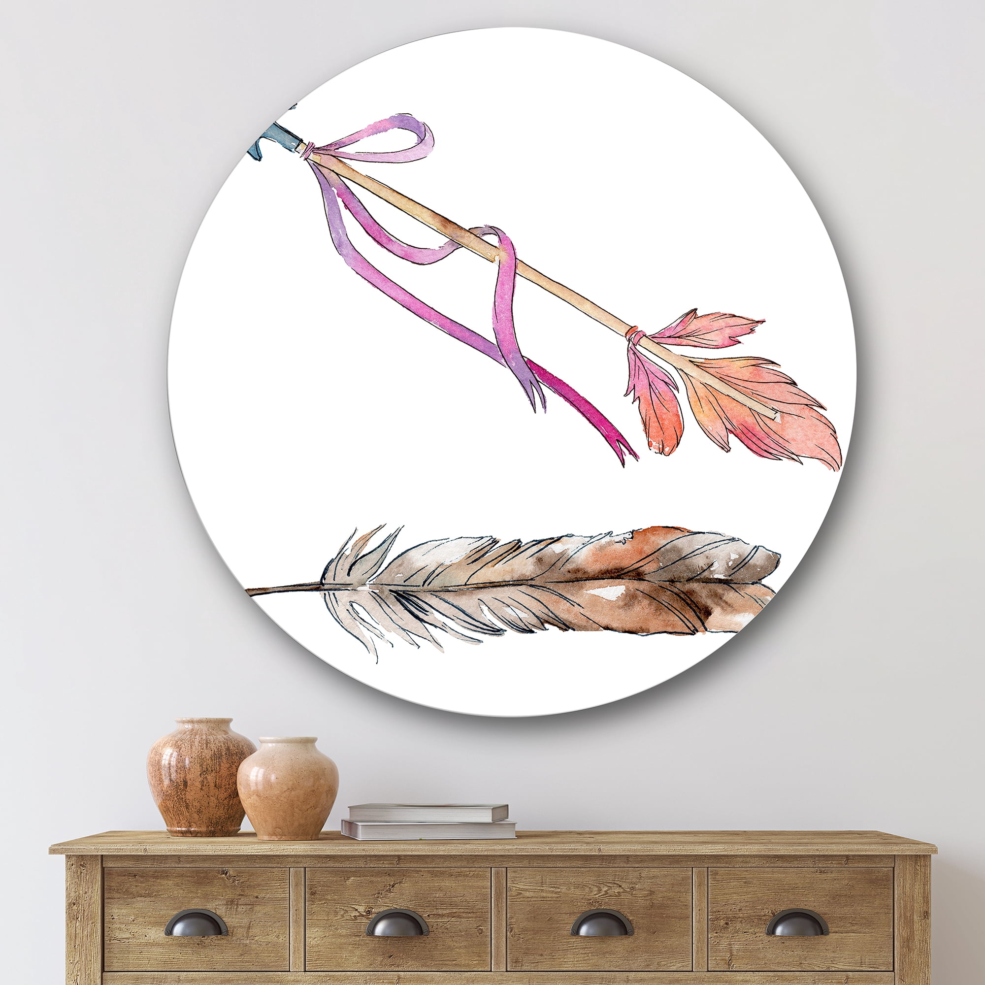Designart 'Pink Bird Feather From Wing on Arrow' Bohemian & Eclectic Circle Metal Wall Art 36x36 - Disc of 36