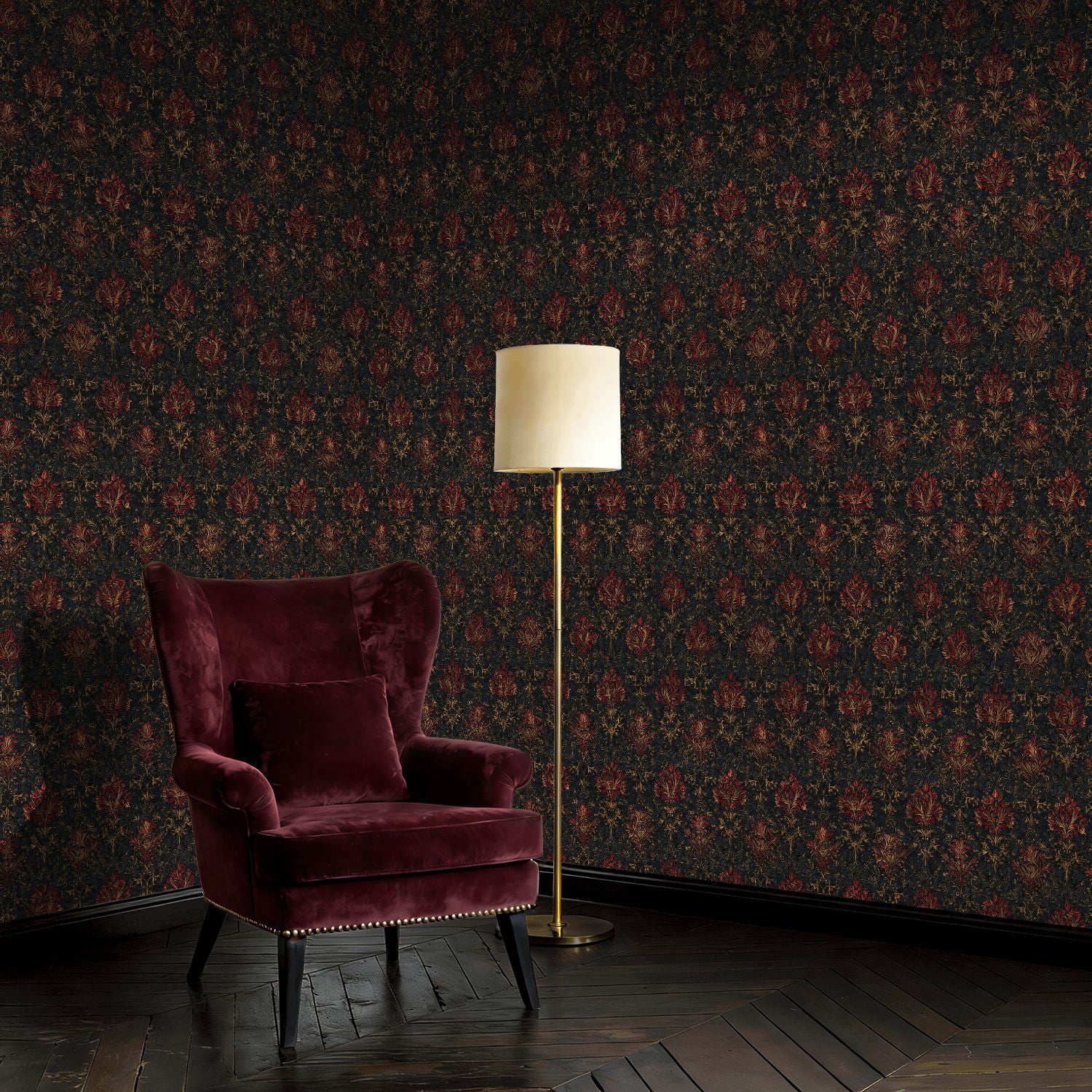 Peel and Stick Wallpaper Elegant Vintage Floral Damask Red Gold Accents Black Wall Mural 17.7in x 9.8ft Self Adhesive Removable Wall Paper Renter Friendly Wallpaper for Nursery Bedroom Cabinets