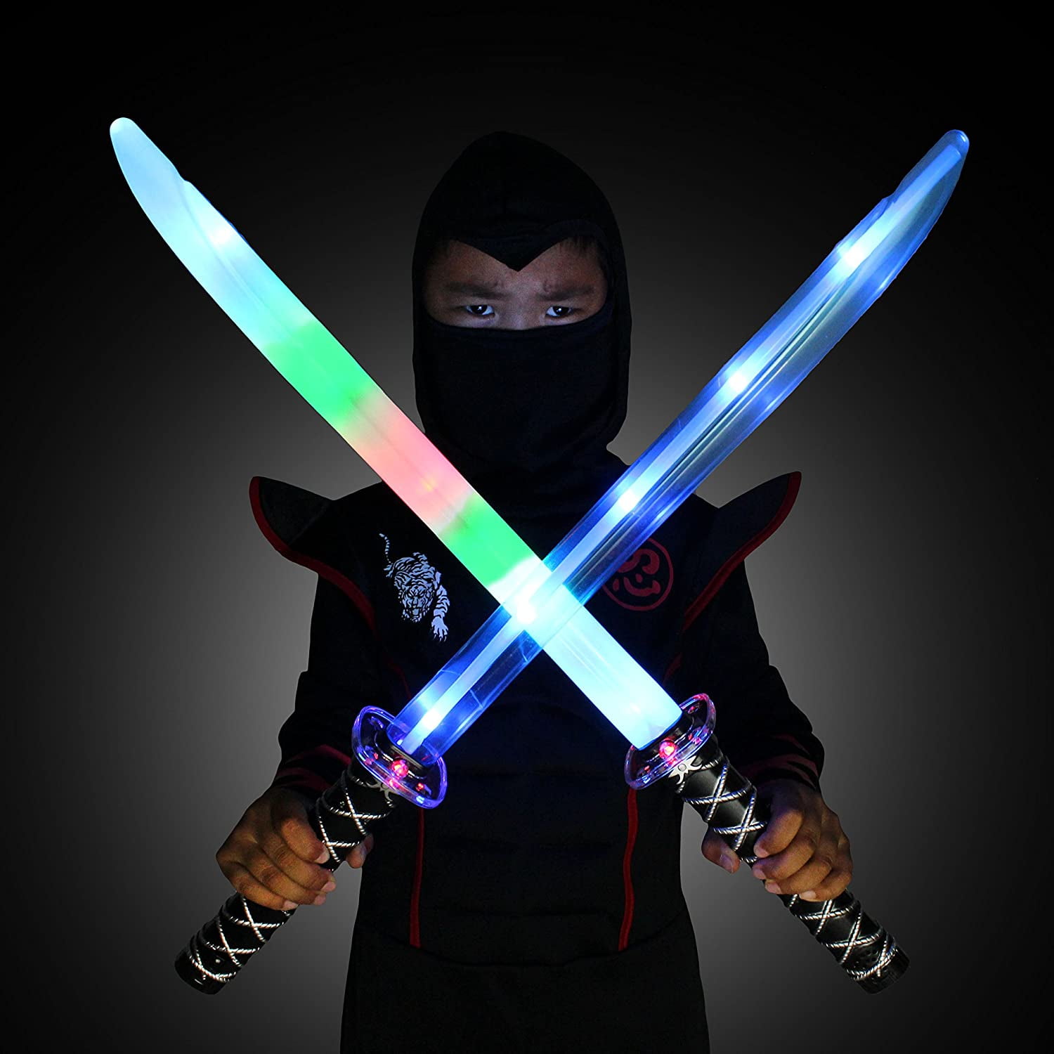ToyHub2 Deluxe Ninja LED Light Up Swords with Motion Activated Clanging  Sounds ñ Bright Blue and Multi Color Sword for Halloween Party; Costume 