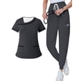thumbnail image 2 of Minjewel Women's Asymmetric Collar Short Sleeve Scrubs for Women Set with Pockets, Stylish & Functional Scrub Set for Healthcare Workers,Gray M, 2 of 8