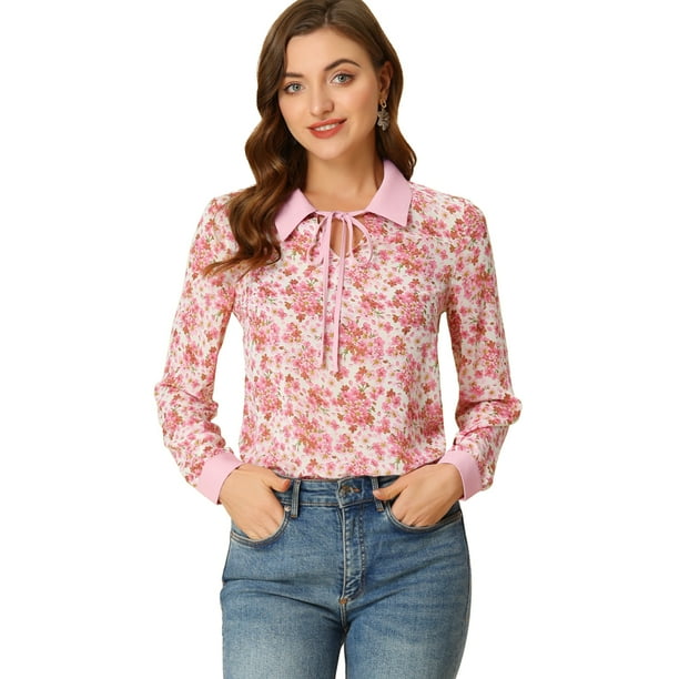 Blusa floral Transparente Allegra K con cuello de Color En contraste para Mujer Blanco rosa S