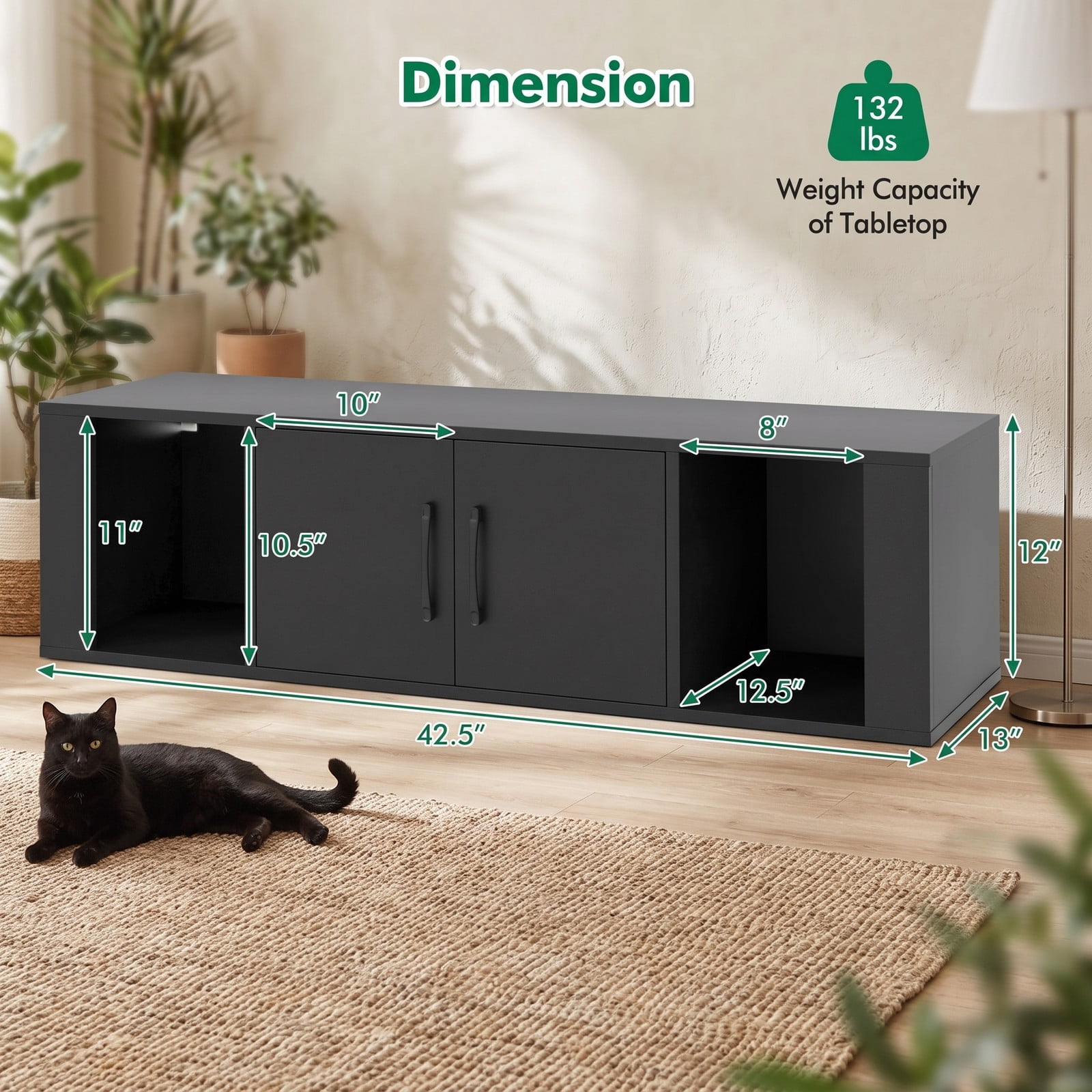 Furnibear Wall Mounted Floating Storage Cabinet, 2 Door Hutch with Open Cube Shelves, Space-Saving Media Console Hanging Desk Wood Wall Shelf for Living Room, Black