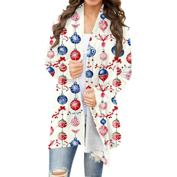 Christmas Cardigan for Women Funny Xmas Graphic Print Long Sleeve Open Front Loose Fit Trendy Fall Outerwear Sweater