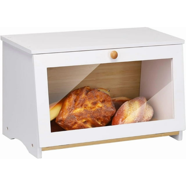 HOMEKOKO Wooden Bread Bin for Kitchen Counter Single Layer Bamboo Large Capacity Food Storage Container (White)
