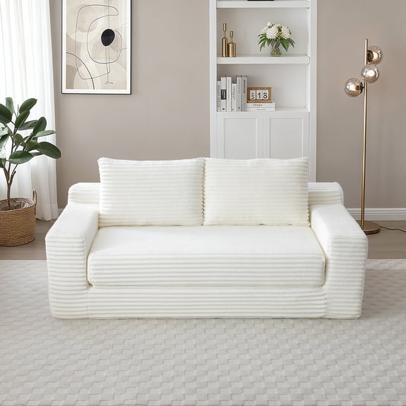 Memory Foam Cloud Loveseat Sofa, 2 in 1 Convertible Folding Couch Bed with Pull-Out Sleeper, No Assembly Compressed Corduroy Floor Lounge Sofa for Apartment, Office, Bedroom, Living Room, Beige