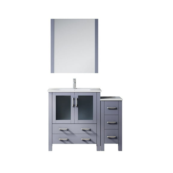 Volez 42 in W Dark Grey Vanity with Side Cabinet, Faucet Set, Ceramic Top,& 28 in Mirror
