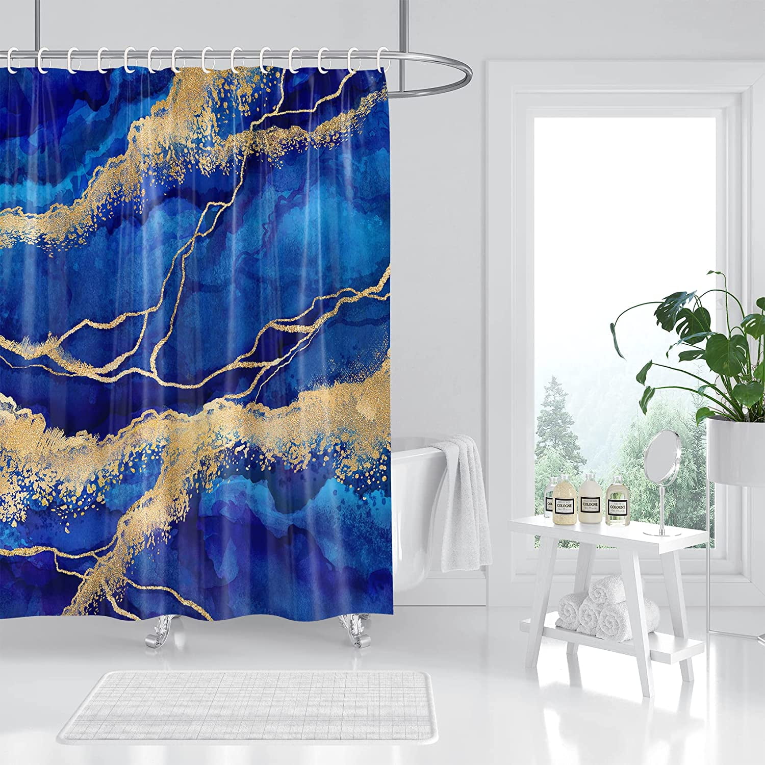 Marble Shower Curtain, Blue Marble Shower Curtain Set, Abstract Luxury