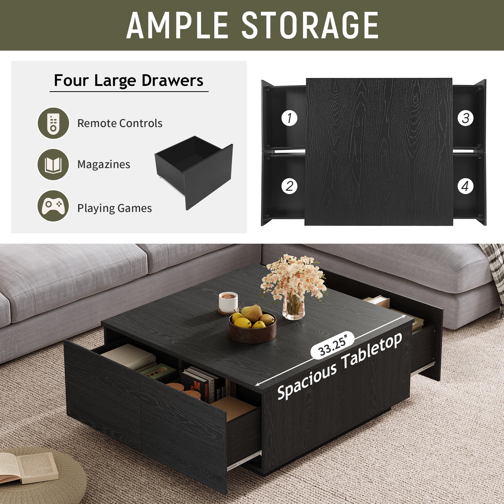 Euroco 33.25" Square Wooden Coffee Table with 4 Storage Drawers,Solid and Engineered Wood Construction