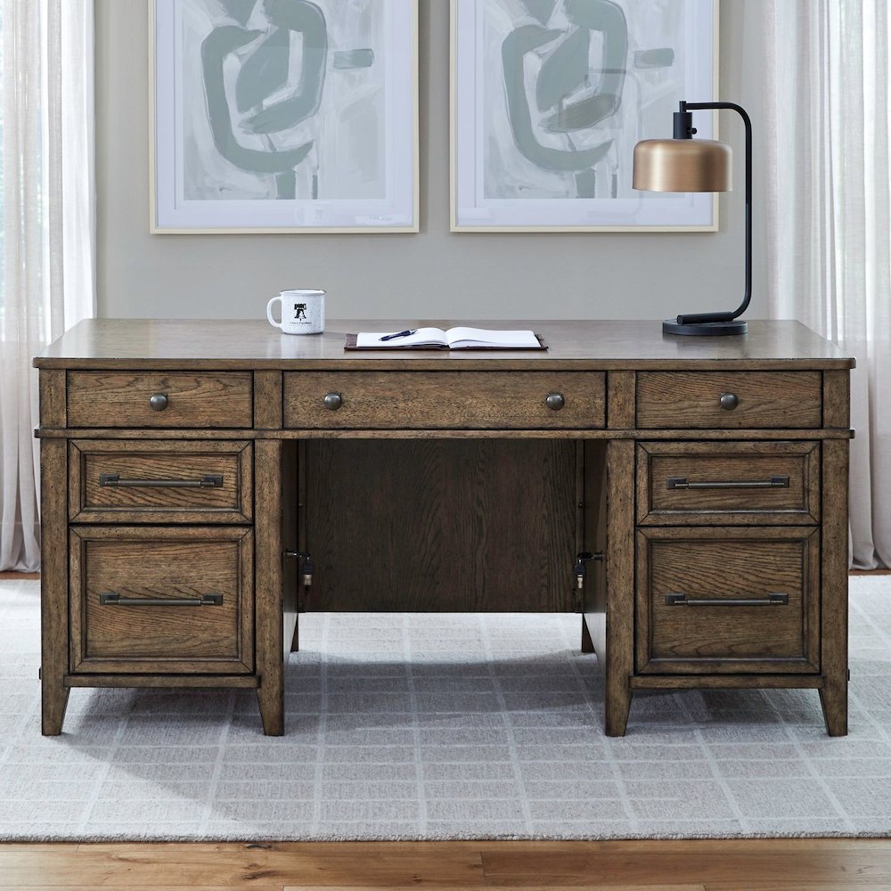 Liberty Furniture 5 Piece Jr Executive Set with Desk, Credenza & Hutch- Amber Brown Oak Wood