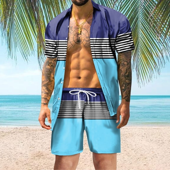 Vedolay Set For Men Casual Summer Men Stylish Printed Tracksuits Sport Summer Short Sleeve and Shorts Set for Men,Blue L