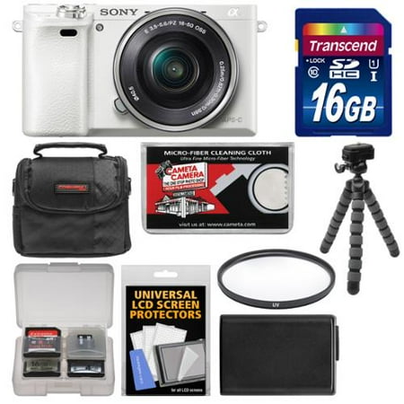 Sony Alpha A6000 Wi-Fi Digital Camera & 16-50mm Lens (White) with 16GB Card + Case + Battery + Flex Tripod + Filter Kit
