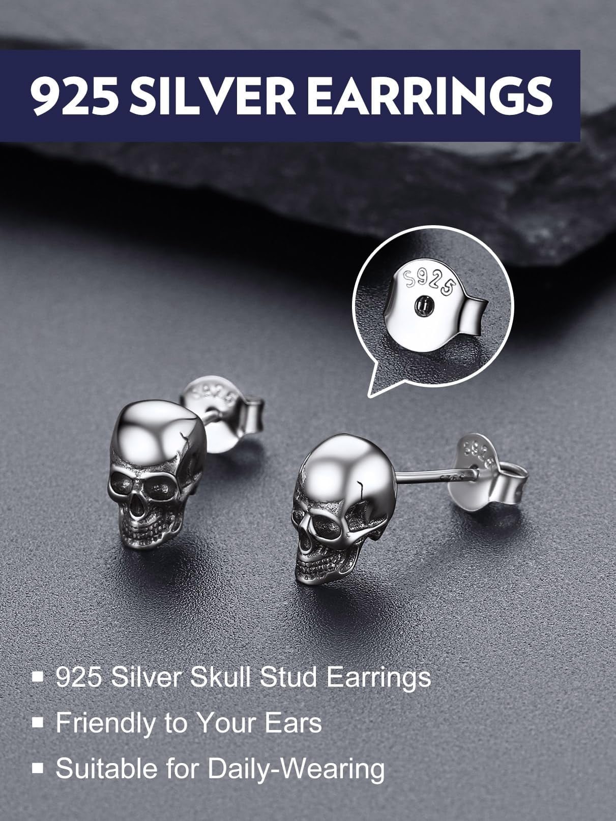 Bandmax Skull Stud Earrings for Women Men 925 Sterling Silver Stud Earrings Gothic Skull Punk Skeleton Ear Studs for Halloween Gift