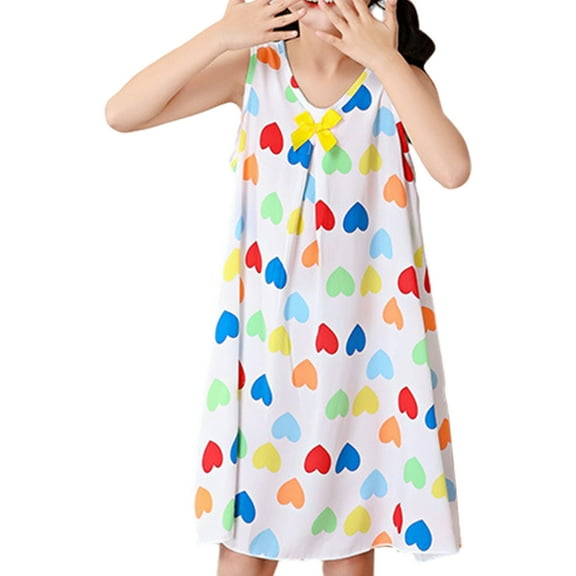 Odeerbi 1-9Y Kids Girls Cute Floral Nightdress Soft Princess Nightgown Young Children's Casual Floral Dress Scoop Neck Short Sleeve Flowy V Print Plain Sundress Baby Clothes White