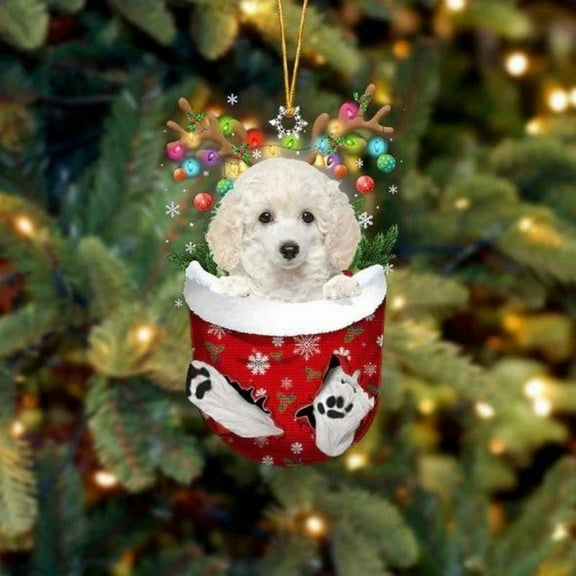 Acrylic 2D FLAT Toy Poodle In Snow Pocket Christmas Ornament