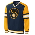 thumbnail image 2 of Men's Starter Navy Milwaukee Brewers Yardline V-Neck Pullover Windbreaker, 2 of 3