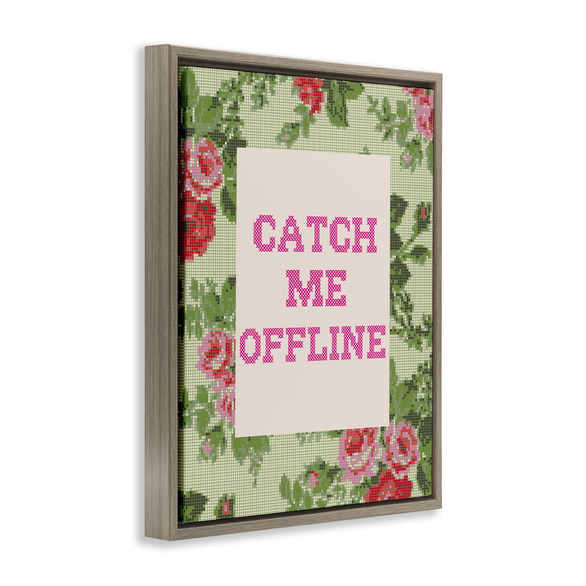 Stupell Industries Catch Me Offline Faux Cross Stitch Brown Framed Floater Canvas Wall Art, design by Lil' Rue