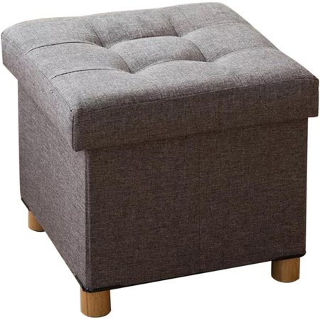 Folding Storage Ottoman Cube, Ottoman with Storage, Small Ottoman Foot Rest with Wood Legs for Living Room 15"x15"x15" - Grey