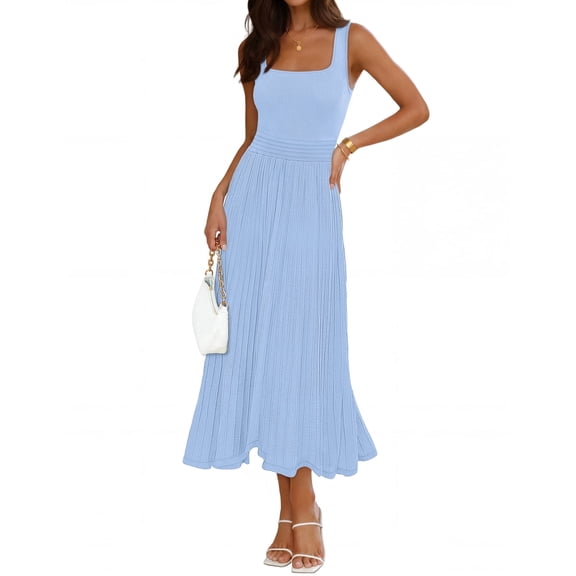 Merokeety Womens Summer Dresses Pleated Square Neck Cocktail Work Midi Dress Blue m