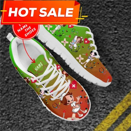 

Pink Nursing Shoes Ladies Flats Sneakers Cute Cartoon Nurse/Doctor Brand Design Air Mesh Lightweight Female Footwear