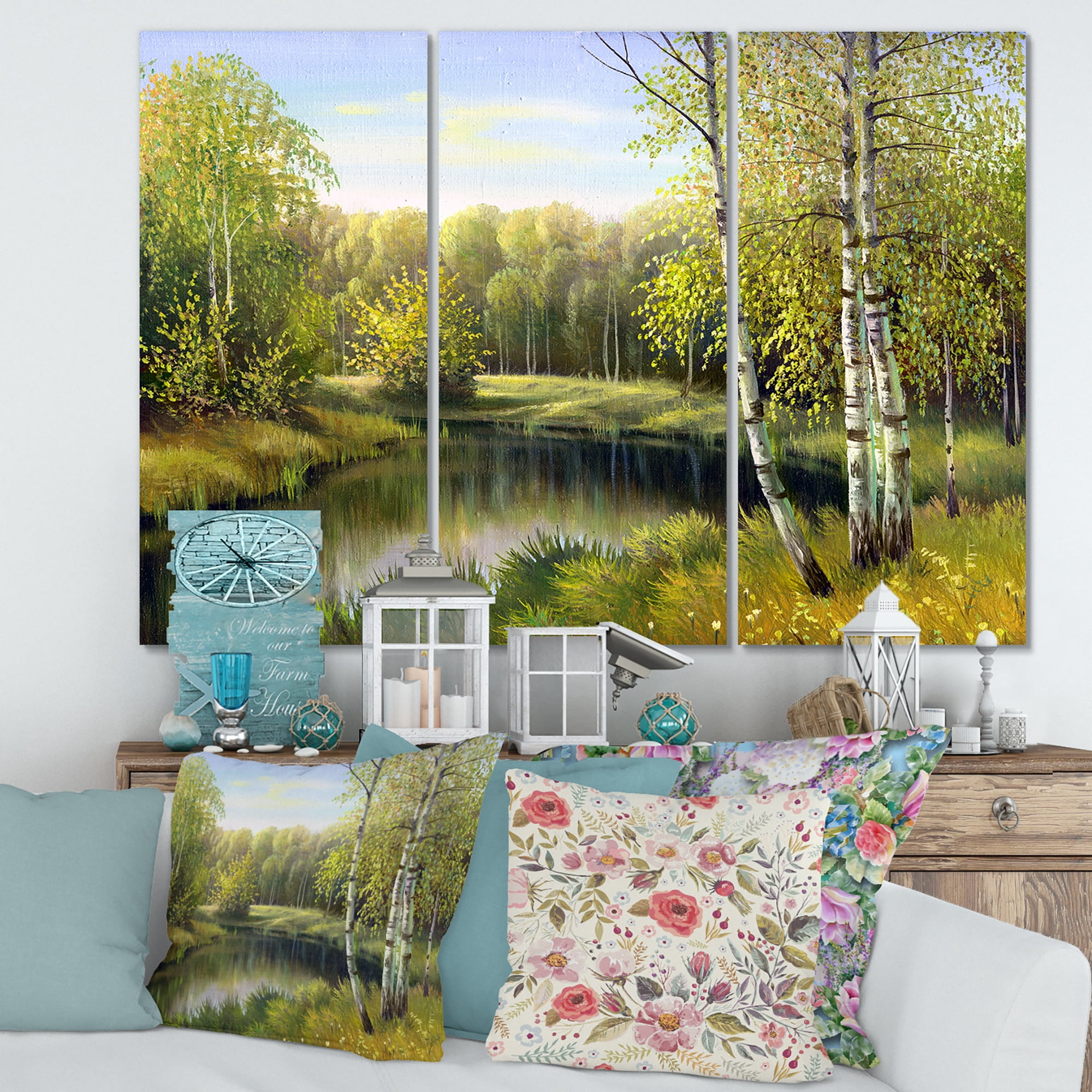 Designart ' The River In Silent Green Nature Through Birches ' Traditional Canvas Wall Art Print