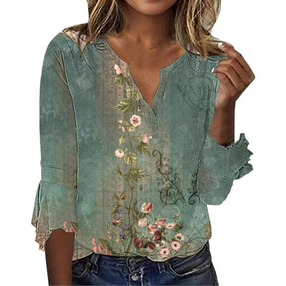 Womens Tops Summer Vintage Floral Seven Split Ruffle Sleeve V Neck Top Plus Size Fashion Shirt Polyester Spandex Blend Soft Stretchy L Sweaters For Women