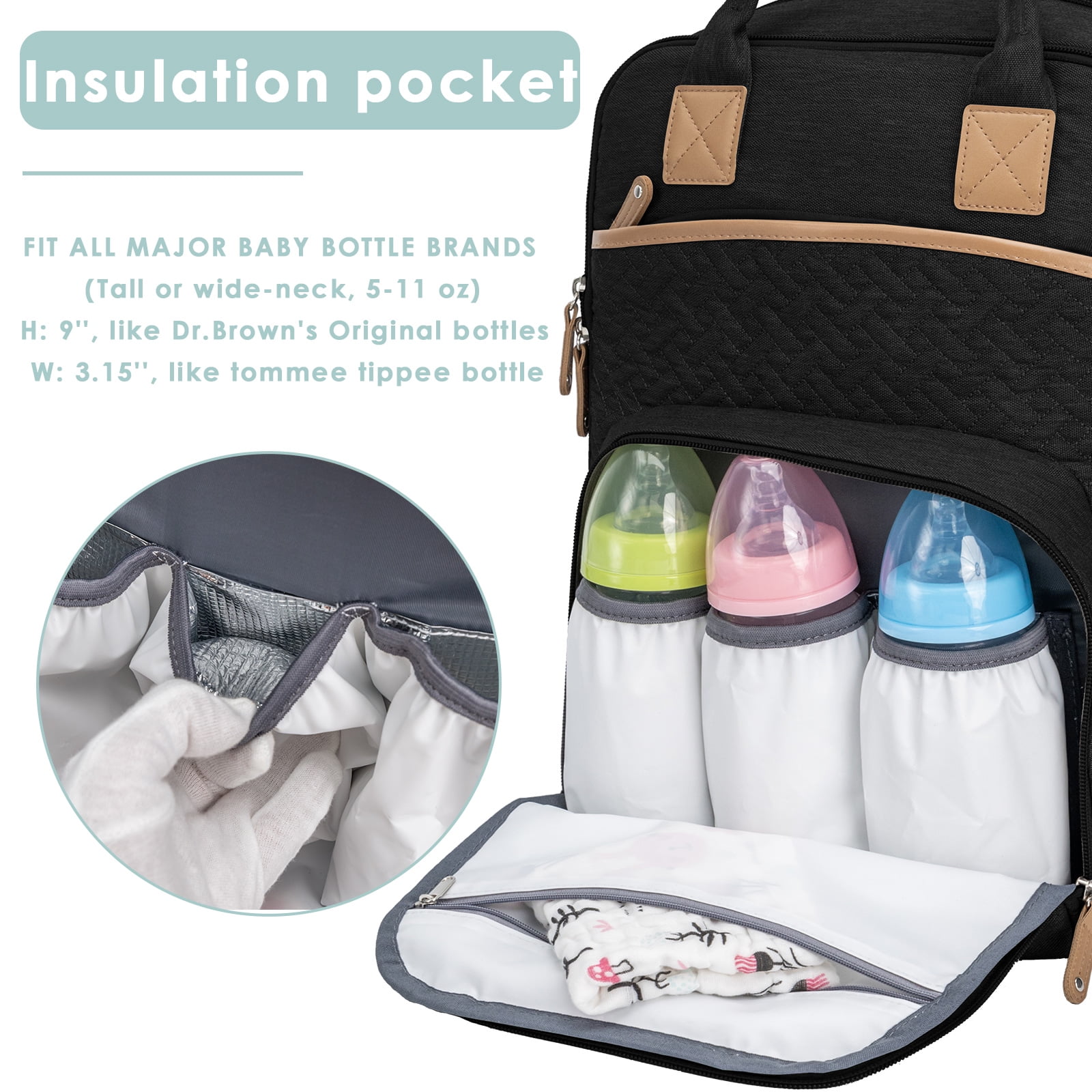 Kabaqoo Large Baby Diaper Backpack, Multifunction Waterproof Mom Bag with Changing Pad, black