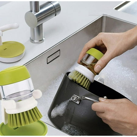 Gulee Soap Dispensing Palm Brush, Kitchen Cleaning Brush Scrubber for Pot/Dish/Pan/Sink, Good Grips, With Storage