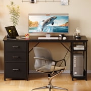 51 Inch Computer Desk with File Drawers & USB Power Outlets- Reversible Home Office Desk with Storage Shelves, Work from Home, Writing Table for Bedroom, Black
