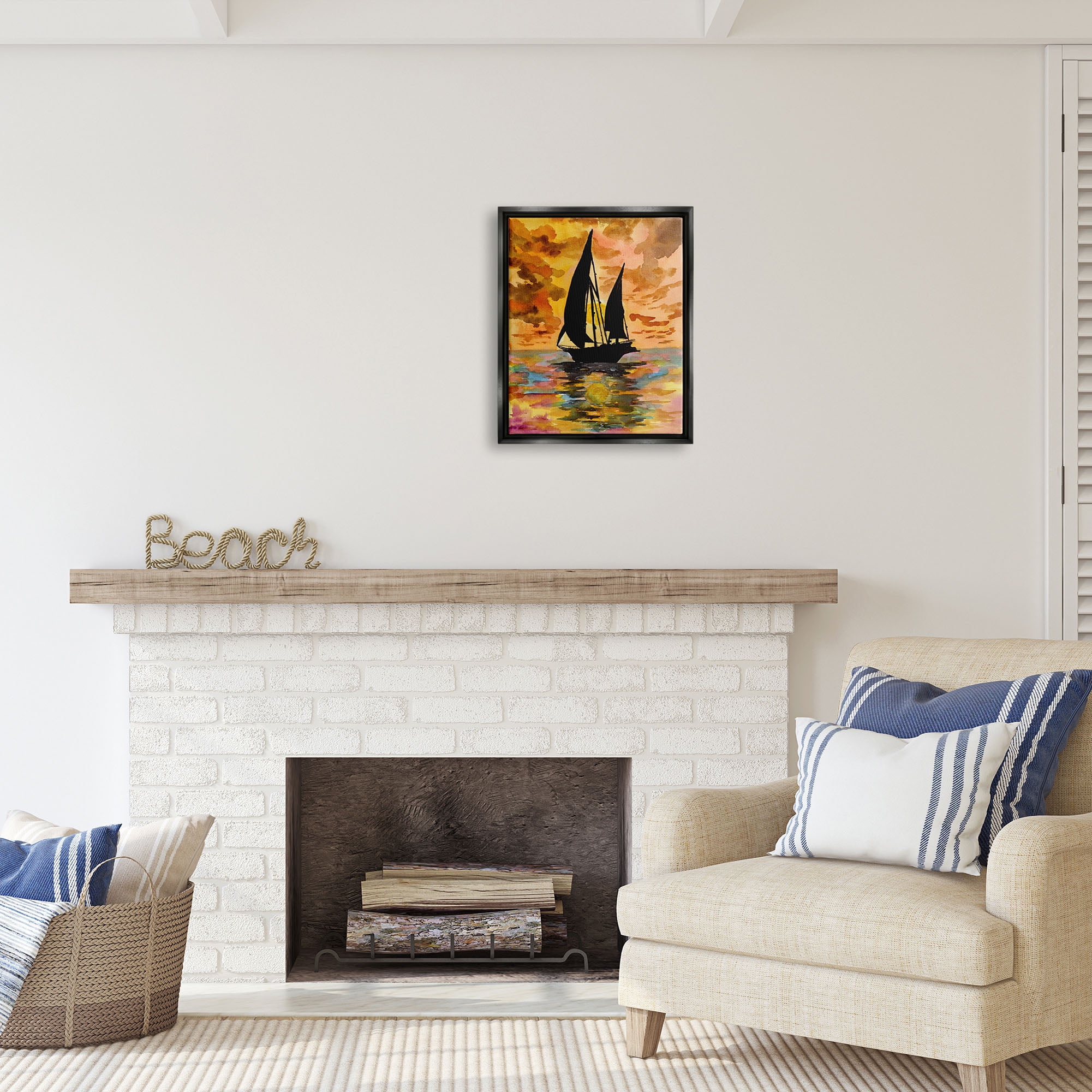Stupell Industries Sailboat at Sunset Transportation Painting Black Floater Framed Art Print Wall Art, 17 x 21