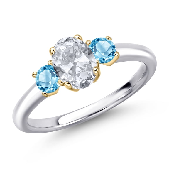 Gem Stone King 10K Two Tone Gold White Topaz and Swiss Blue Topaz Engagement Ring for Women | 1.40 Cttw | Oval 7X5MM | Gemstone November Birthstone | Size 6