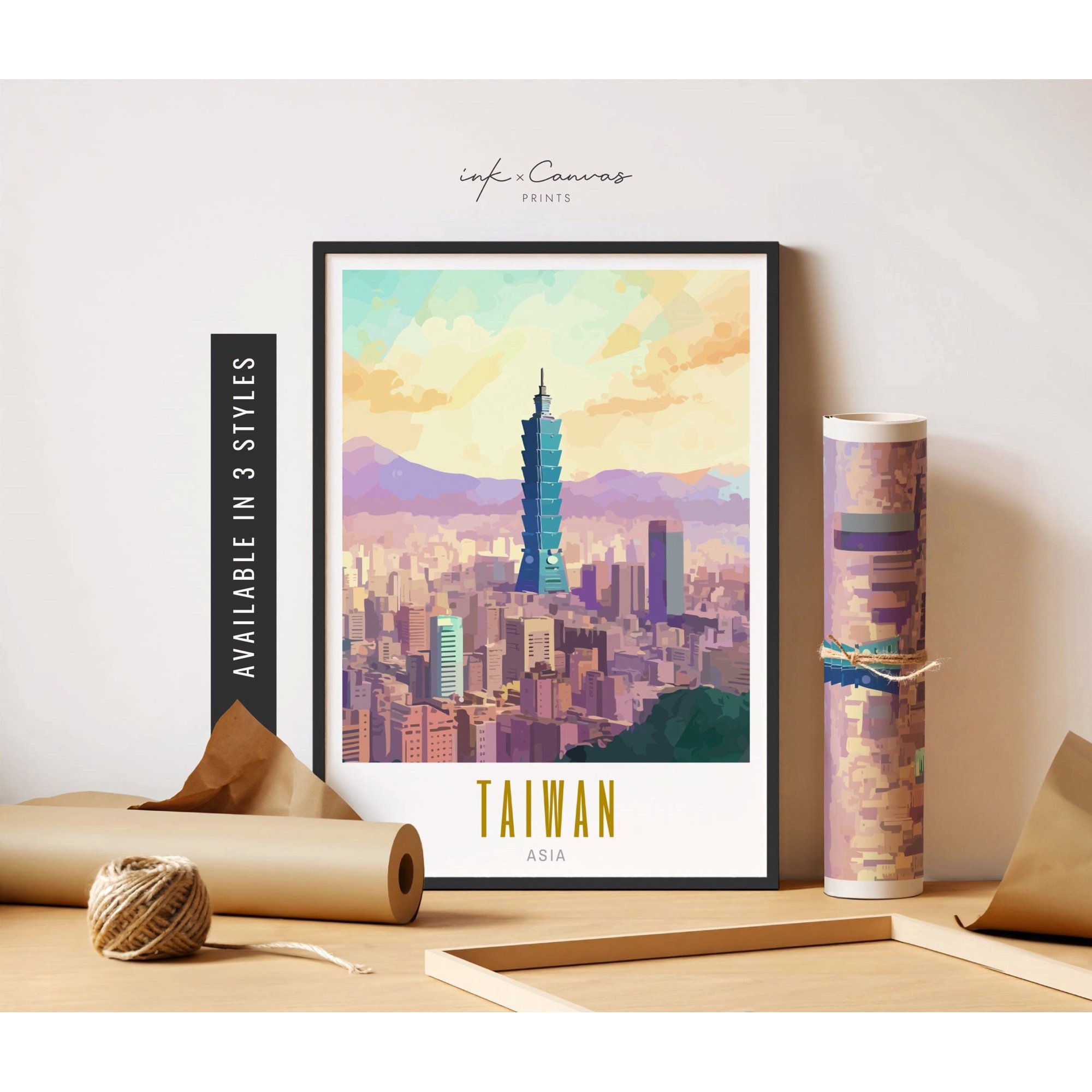 Taiwan Taipei 101 Retro Destination Vibrant Colorful Unposter Travel Art Travel Wall Art Poster , Poster Print Only